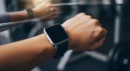 Smartwatch on wrist during workout fitness tracking in gym setting.