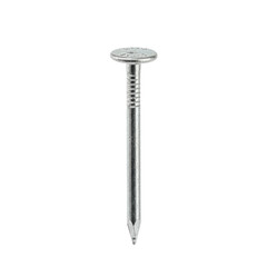A single, pristine galvanized steel roofing nail with a broad flat head and ring-shank texture, metallic silver-grey, sharp tip, on a transparent seamless isolated studio background with shadowless
