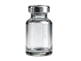 Glass vial prepared for dose with clinical trial run representing medical research, isolated on transparent background
