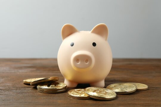 Golden bitcoin with piggy bank, close up. Bitcoin and cryptocurrency investment concept. Electronic decentralized money concept, close up
