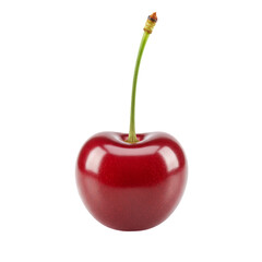 Single Ripe Red Cherry with Green Stem on Transparent Background