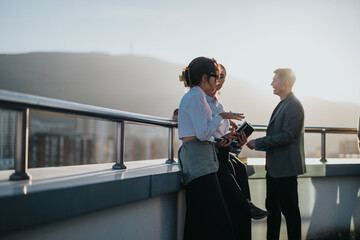 A group of business colleagues from diverse backgrounds engage in a brainstorming session on a...