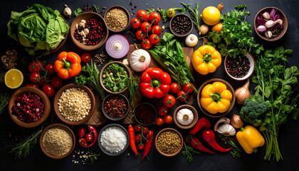 Colorful Ingredients Neatly Arranged Before Cooking Fresh Vibrant Culinary Preparation