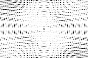 Radial halftone gradient background. Dotted concentric texture with fading effect. Black and white circle shade wallpaper. Grunge rough vector. Monochrome backdrop	