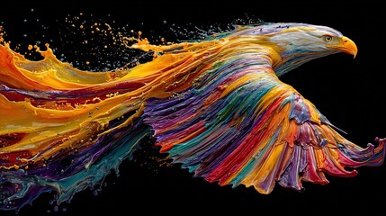 Colorful abstract eagle soaring through vibrant paint splashes