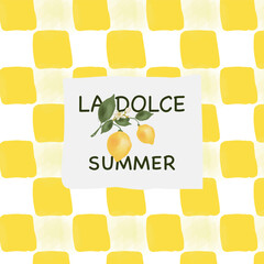 Yellow checkered tablecloth and pattern background with lemons and text "Sweet summer". Vector cute elegant watercolor illustration for card, invitation or poster