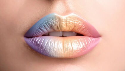 Fototapeta premium Close-up view of creative ombre lip makeup showcasing pastel blue, pink, and gold shades on smooth lips