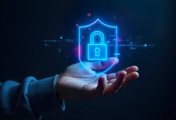 Symbol of data protection, secure technology, and online privacy. concept with digital shield and padlock icon floating above a hand. 