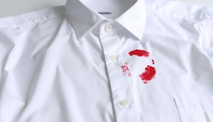 White dress shirt with red paint stains on the front, highlighting a fashion mishap or creative expression in clothing