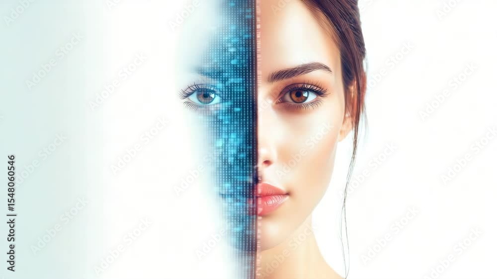 Poster Artificial Intelligence and Beauty: Portrait of a Woman Whose Half Face Is Made of Data and Algorithms