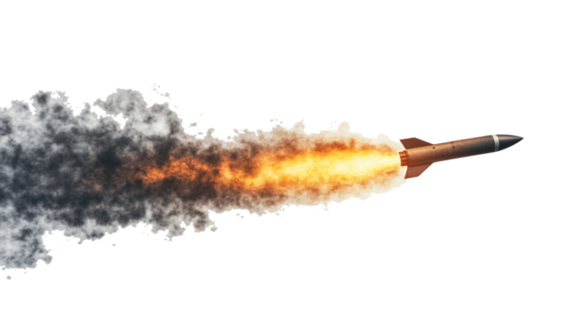 Missile rocket with fire trail on transparent background

