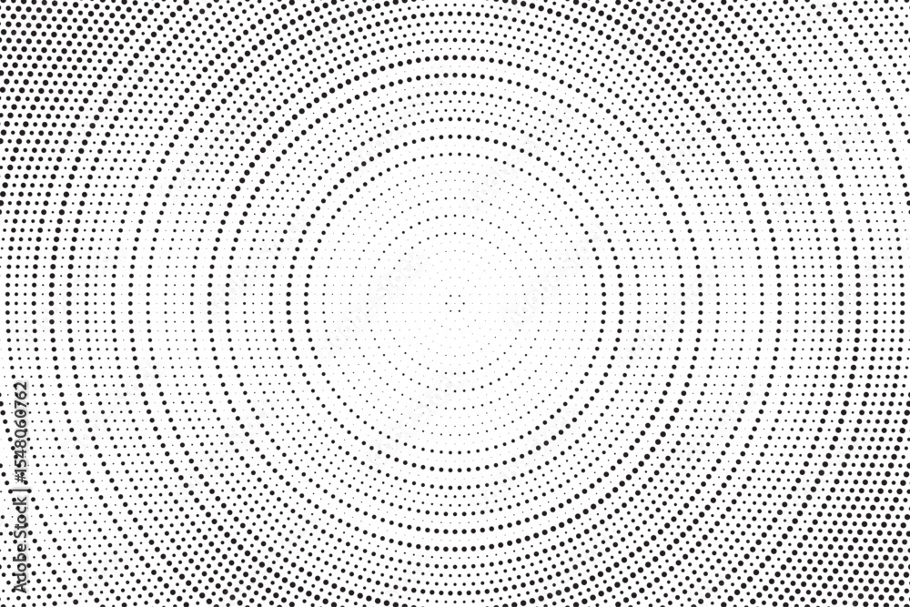 Aufkleber Radial halftone gradient background. Dotted concentric texture with fading effect. Black and white circle shade wallpaper. Grunge rough vector. Monochrome backdrop	