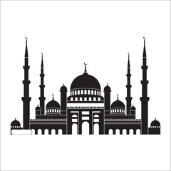Fototapeta premium Islamic Mosque and Crescent Moon Vector Design Ramadan Mubarak Mosque Silhouette with Hanging Lanterns Eid al-Fitr Celebration Background Vector Black and White Islamic Architecture with Crescent M
