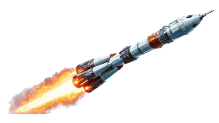 Missile rocket with fire trail on transparent background

