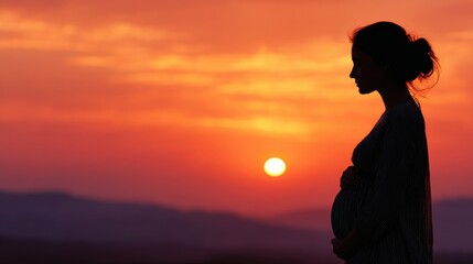 silhouette profile of pregnant belly with gentle hands, sunset background, right side empty 