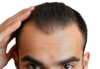 Close-up of Young Man Examining Hairline with Concern Over Hair Loss, Grooming Routine and Self-Care in Focus, Capturing Emotion and Reflection