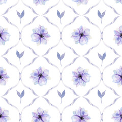 Seamless pattern of violet ribbons frame, anemones and leaves watercolor. For print, fabric, wrapping, wallpaper decor.