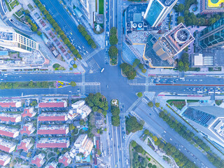 Obraz premium Aerial view of City Crossroads with heavy traffic in Shanghai