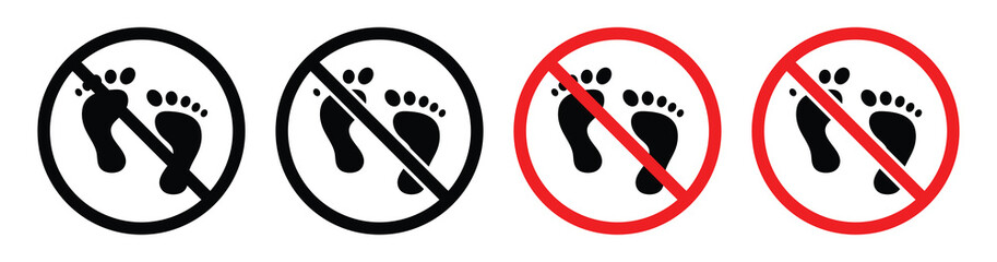 No Barefoot Prohibition Sign Set – Footprint Ban Icons and Forbidden Footstep Symbols, vector illustration.