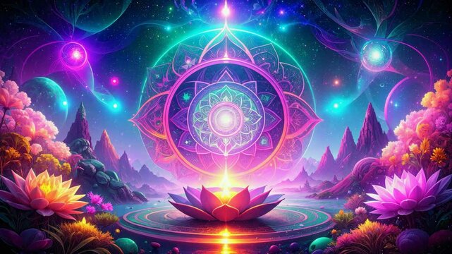 Vibrant fantasy landscape featuring a luminous mandala, lotus flowers, and a celestial backdrop.