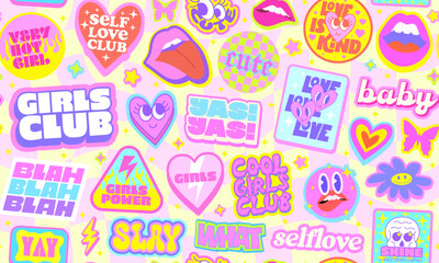 Girls Cute Stickers Set. Cool Y2k Girly Patches. Pop Smile Art Badges.