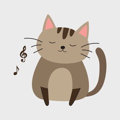 Cute cat humming doodle hand drawn illustration. Adorable brown cat listening to music in vector isolated cartoon style. 