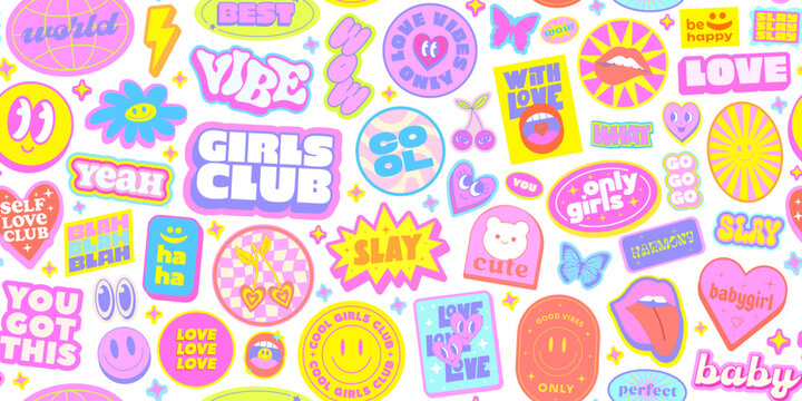 Girls Cute Stickers Set. Cool Y2k Girly Patches. Pop Smile Art Badges.