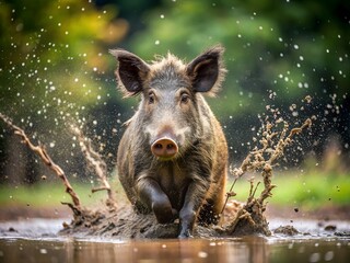 Wild boar running through muddy water, splashing, forest background