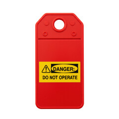An ultra-realistic, high-key studio photo of a red industrial lockout tag with 'DANGER: DO NOT OPERATE' text, rectangular with a reinforced hole, on a transparent seamless background, industrial