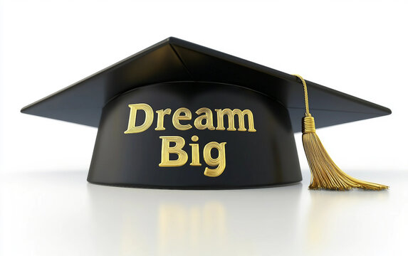 A graduation cap with "Dream Big" in gold, representing the aspirations and goals of a new graduate. Generative AI.