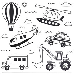 Vector set of vehicles. Coloring book for children activities. Simple level