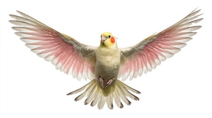 Obraz premium A cockatiel in flight against a white background. A small, vibrant bird with outstretched wings