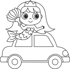 Mermaid, coloring page, hand drawn, set, car, line artwork, 