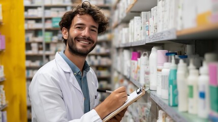 Fototapeta premium Male pharmacist checks inventory in a pharmacy aisle while smiling confidently during the daytime