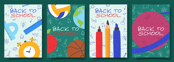 Set of posters for back to school design. Vector cards with hand-drawn school items and doodles. Flyers concepts for Back to school decoration, social media, ads, sale.
