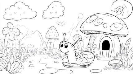 Cute snail, mushroom house, coloring page