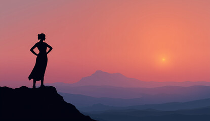 Obraz premium A silhouetted woman in a long dress stands empowered on a mountain cliff, overlooking a serene, layered mountain landscape at a beautiful pink and purple sunset.