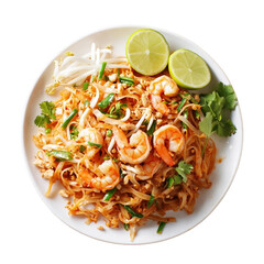 shrimp pad thai on plate in flat lay composition with copy space atop rustic wooden table [Transparent Background PNG]