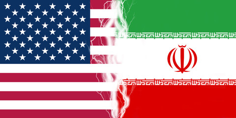 Fototapeta na wymiar Lightnings effect between flags of USA and Iran. Concept of conflict between two nations, Washington and Tehran.