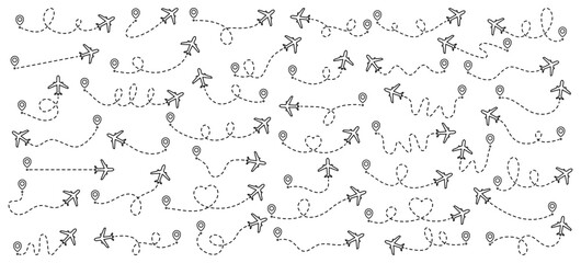 Flying airplanes with dotted line path collection. Airplane with start point set. Travel destination concept. Vector illustration isolated on white.