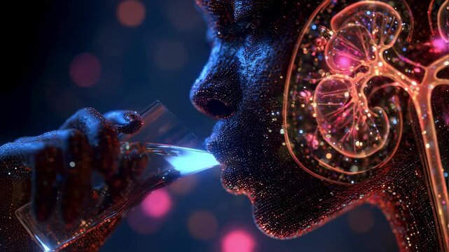 Medical animation showing a woman drinking water with highlighted kidneys filtering, suggesting the importance of hydration for renal health