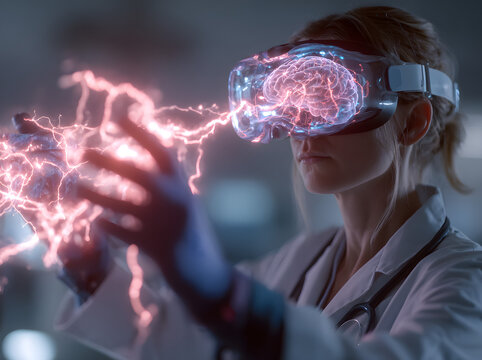 Doctor woman neurologist using VR-assisted diagnostic tool to study brain activity. Visualizing electrical impulses and neural pathways in virtual space, holographic neuroimaging