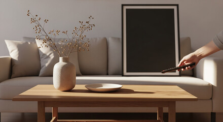 Hand Holds TV Remote Living Room Home Lifestyle Relaxation Mockup