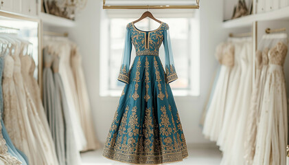 Indian blue dress. Bridal wedding lehenga. Bollywood blue with gold wedding attire on hanger in luxury shop background. Festive traditional outfit. Beautiful ceremony dress. Banner