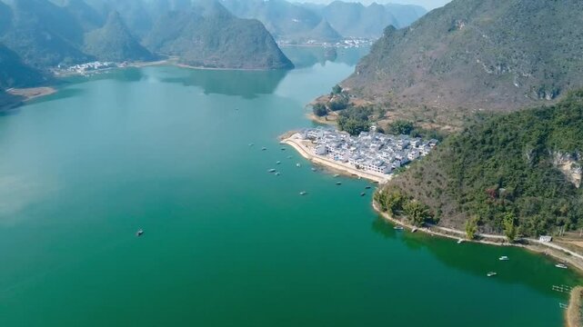 Aerial view of karst landscape at Quyang Lake Scenic Area, Jingxi, Baise, Guangxi, China