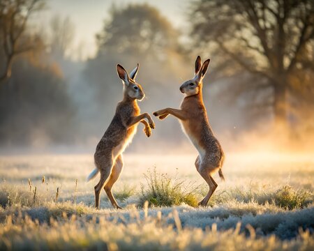 Two European hares boxing playfully at sunrise in a frosty field