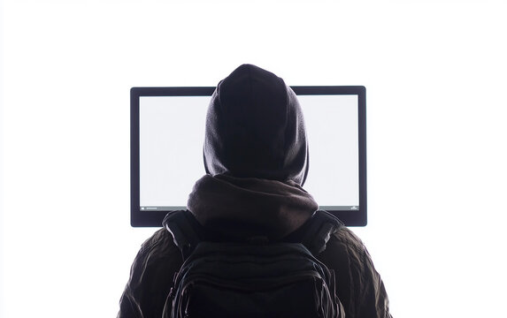 A hacker silhouette behind a computer screen, representing the anonymous and shadowy nature of cybercrime. Generative AI.