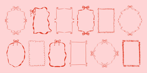 Set of doodle hand drawn trendy coquette frames with bows, ribbon. Vintage whimsical borders. Modern vector design template for wedding invitation, birthday card, print, holiday poster, menu