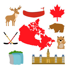Flat vector icon set Canada Day. Maple, deer, moose, Mountie, flag and bear