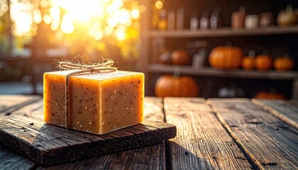 halloween for small business. A beautifully wrapped gift on a rustic wooden table, illuminated by warm sunlight, with pumpkins and bottles in the background.